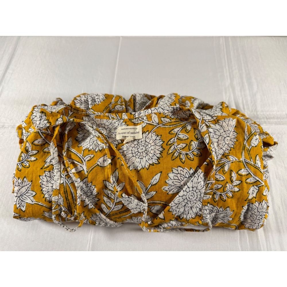 House of Sundar Mustard Yellow Floral Block Print Balloon Sleeve Midi Dress XL